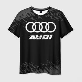 Мужская футболка 3D с принтом Audi speed на темном фоне со следами шин в Санкт-Петербурге, 100% полиэфир | прямой крой, круглый вырез горловины, длина до линии бедер | 