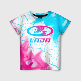 Детская футболка 3D с принтом LADA neon gradient style в Тюмени, 100% гипоаллергенный полиэфир | прямой крой, круглый вырез горловины, длина до линии бедер, чуть спущенное плечо, ткань немного тянется | Тематика изображения на принте: 