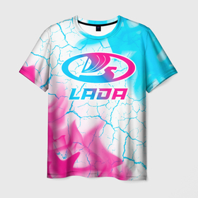 Мужская футболка 3D с принтом LADA neon gradient style в Санкт-Петербурге, 100% полиэфир | прямой крой, круглый вырез горловины, длина до линии бедер | 