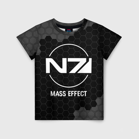 Детская футболка 3D с принтом Mass Effect glitch на темном фоне в Новосибирске, 100% гипоаллергенный полиэфир | прямой крой, круглый вырез горловины, длина до линии бедер, чуть спущенное плечо, ткань немного тянется | Тематика изображения на принте: 
