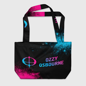 Пляжная сумка 3D с принтом Ozzy Osbourne   neon gradient: надпись и символ в Тюмени, 100% полиэстер | застегивается на металлическую кнопку; внутренний карман застегивается на молнию. Стенки укреплены специальным мягким материалом, чтобы защитить содержимое от несильных ударов
 | 