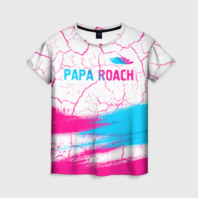 Женская футболка 3D с принтом Papa Roach neon gradient style: символ сверху в Петрозаводске, 100% полиэфир ( синтетическое хлопкоподобное полотно) | прямой крой, круглый вырез горловины, длина до линии бедер | 