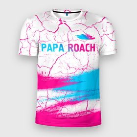 Мужская футболка 3D Slim с принтом Papa Roach neon gradient style: символ сверху в Тюмени, 100% полиэстер с улучшенными характеристиками | приталенный силуэт, круглая горловина, широкие плечи, сужается к линии бедра | Тематика изображения на принте: 