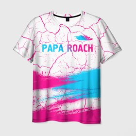Мужская футболка 3D с принтом Papa Roach neon gradient style: символ сверху в Петрозаводске, 100% полиэфир | прямой крой, круглый вырез горловины, длина до линии бедер | 