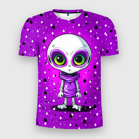 Мужская футболка 3D Slim с принтом Alien   purple color в Курске, 100% полиэстер с улучшенными характеристиками | приталенный силуэт, круглая горловина, широкие плечи, сужается к линии бедра | 