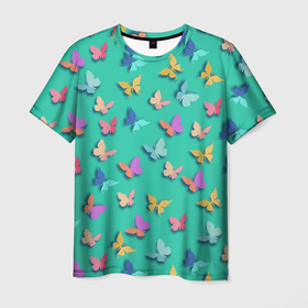 Мужская футболка 3D с принтом Разноцветные бабочки в Тюмени, 100% полиэфир | прямой крой, круглый вырез горловины, длина до линии бедер | Тематика изображения на принте: 