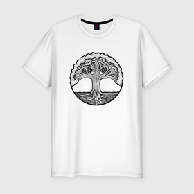Мужская футболка хлопок Slim с принтом Иггдрасиль мифологическое дерево в Новосибирске, 92% хлопок, 8% лайкра | приталенный силуэт, круглый вырез ворота, длина до линии бедра, короткий рукав | 