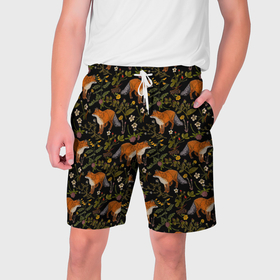 Мужские шорты 3D с принтом Лисы и цветы в Новосибирске,  полиэстер 100% | прямой крой, два кармана без застежек по бокам. Мягкая трикотажная резинка на поясе, внутри которой широкие завязки. Длина чуть выше колен | Тематика изображения на принте: 
