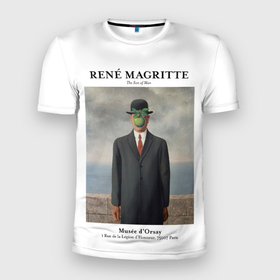 Мужская футболка 3D Slim с принтом Рене Магритт   Сын человеческий в Тюмени, 100% полиэстер с улучшенными характеристиками | приталенный силуэт, круглая горловина, широкие плечи, сужается к линии бедра | 