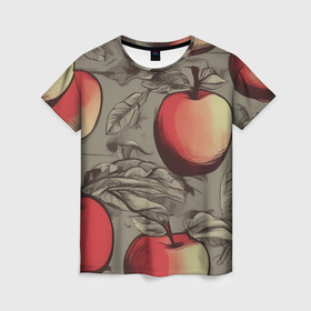 Женская футболка 3D с принтом Яблоки c листьями в Курске, 100% полиэфир ( синтетическое хлопкоподобное полотно) | прямой крой, круглый вырез горловины, длина до линии бедер | 