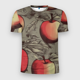 Мужская футболка 3D Slim с принтом Яблоки c листьями в Санкт-Петербурге, 100% полиэстер с улучшенными характеристиками | приталенный силуэт, круглая горловина, широкие плечи, сужается к линии бедра | Тематика изображения на принте: 