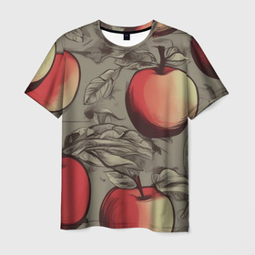 Мужская футболка 3D с принтом Яблоки c листьями в Санкт-Петербурге, 100% полиэфир | прямой крой, круглый вырез горловины, длина до линии бедер | Тематика изображения на принте: 