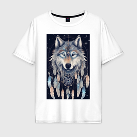 Мужская футболка хлопок Oversize с принтом шаман волк в Курске, 100% хлопок | свободный крой, круглый ворот, “спинка” длиннее передней части | Тематика изображения на принте: 