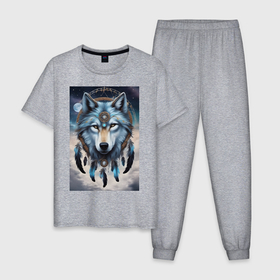 Мужская пижама хлопок с принтом шаман волк в Курске, 100% хлопок | брюки и футболка прямого кроя, без карманов, на брюках мягкая резинка на поясе и по низу штанин
 | Тематика изображения на принте: 