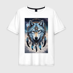 Мужская футболка хлопок Oversize с принтом шаман волк в Курске, 100% хлопок | свободный крой, круглый ворот, “спинка” длиннее передней части | 