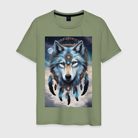 Мужская футболка хлопок с принтом шаман волк в Курске, 100% хлопок | прямой крой, круглый вырез горловины, длина до линии бедер, слегка спущенное плечо. | 