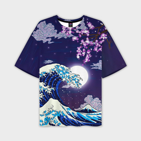 Мужская футболка oversize 3D с принтом Ночная  гигантская волна в канагаве в Кировске,  |  | 