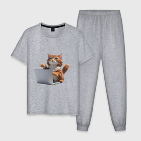 Мужская пижама хлопок с принтом котик кодит за ноутбуком , 100% хлопок | брюки и футболка прямого кроя, без карманов, на брюках мягкая резинка на поясе и по низу штанин
 | 
