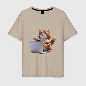 Мужская футболка хлопок Oversize с принтом котик кодит за ноутбуком в Екатеринбурге, 100% хлопок | свободный крой, круглый ворот, “спинка” длиннее передней части | 