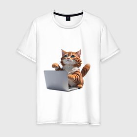 Мужская футболка хлопок с принтом котик кодит за ноутбуком в Кировске, 100% хлопок | прямой крой, круглый вырез горловины, длина до линии бедер, слегка спущенное плечо. | 