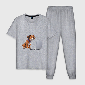 Мужская пижама хлопок с принтом Собака и ноутбук , 100% хлопок | брюки и футболка прямого кроя, без карманов, на брюках мягкая резинка на поясе и по низу штанин
 | 