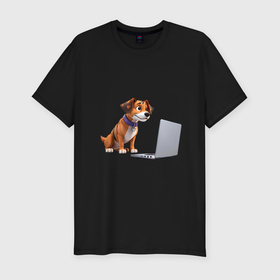 Мужская футболка хлопок Slim с принтом Собака и ноутбук в Тюмени, 92% хлопок, 8% лайкра | приталенный силуэт, круглый вырез ворота, длина до линии бедра, короткий рукав | Тематика изображения на принте: 