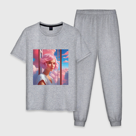 Мужская пижама хлопок с принтом Красивая девушка на фоне окна и розовых облаков в Новосибирске, 100% хлопок | брюки и футболка прямого кроя, без карманов, на брюках мягкая резинка на поясе и по низу штанин
 | 
