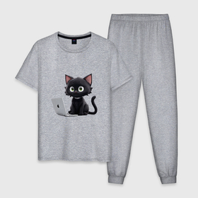 Мужская пижама хлопок с принтом черный кот за ноутбуком , 100% хлопок | брюки и футболка прямого кроя, без карманов, на брюках мягкая резинка на поясе и по низу штанин
 | 