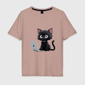 Мужская футболка хлопок Oversize с принтом черный кот за ноутбуком в Екатеринбурге, 100% хлопок | свободный крой, круглый ворот, “спинка” длиннее передней части | 