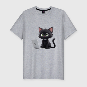 Мужская футболка хлопок Slim с принтом черный кот за ноутбуком в Тюмени, 92% хлопок, 8% лайкра | приталенный силуэт, круглый вырез ворота, длина до линии бедра, короткий рукав | 