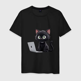 Мужская футболка хлопок с принтом черный кот за ноутбуком в Кировске, 100% хлопок | прямой крой, круглый вырез горловины, длина до линии бедер, слегка спущенное плечо. | 