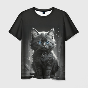 Мужская футболка 3D с принтом Котёнок с голубыми глазами в Новосибирске, 100% полиэфир | прямой крой, круглый вырез горловины, длина до линии бедер | 