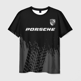 Мужская футболка 3D с принтом Porsche speed на темном фоне со следами шин: символ сверху в Петрозаводске, 100% полиэфир | прямой крой, круглый вырез горловины, длина до линии бедер | 