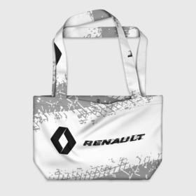 Пляжная сумка 3D с принтом Renault speed на светлом фоне со следами шин: надпись и символ в Тюмени, 100% полиэстер | застегивается на металлическую кнопку; внутренний карман застегивается на молнию. Стенки укреплены специальным мягким материалом, чтобы защитить содержимое от несильных ударов
 | 