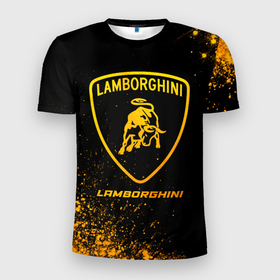 Мужская футболка 3D Slim с принтом Lamborghini   gold gradient в Петрозаводске, 100% полиэстер с улучшенными характеристиками | приталенный силуэт, круглая горловина, широкие плечи, сужается к линии бедра | 