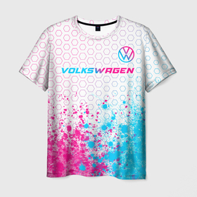 Мужская футболка 3D с принтом Volkswagen neon gradient style: символ сверху в Санкт-Петербурге, 100% полиэфир | прямой крой, круглый вырез горловины, длина до линии бедер | Тематика изображения на принте: 