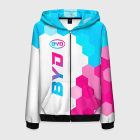 Мужская толстовка 3D на молнии с принтом BYD neon gradient style: по вертикали в городе Новоалтайск, 100% полиэстер | длина до линии бедра, манжеты и пояс оформлены мягкой тканевой резинкой, двухслойный капюшон со шнурком для регулировки, спереди молния, по бокам два кармана | 