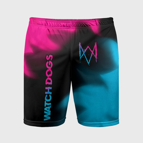 Мужские шорты спортивные с принтом Watch Dogs   neon gradient: надпись, символ в Кировске,  |  | 