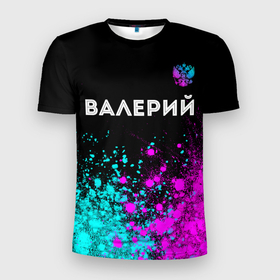 Мужская футболка 3D Slim с принтом Валерий и неоновый герб России: символ сверху в Санкт-Петербурге, 100% полиэстер с улучшенными характеристиками | приталенный силуэт, круглая горловина, широкие плечи, сужается к линии бедра | 