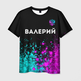 Мужская футболка 3D с принтом Валерий и неоновый герб России: символ сверху в Тюмени, 100% полиэфир | прямой крой, круглый вырез горловины, длина до линии бедер | 