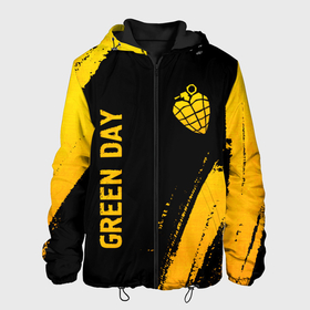 Мужская куртка 3D с принтом Green Day   gold gradient: надпись, символ в Белгороде, ткань верха — 100% полиэстер, подклад — флис | прямой крой, подол и капюшон оформлены резинкой с фиксаторами, два кармана без застежек по бокам, один большой потайной карман на груди. Карман на груди застегивается на липучку | 