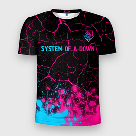 Мужская футболка 3D Slim с принтом System of a Down   neon gradient: символ сверху в Белгороде, 100% полиэстер с улучшенными характеристиками | приталенный силуэт, круглая горловина, широкие плечи, сужается к линии бедра | 