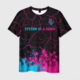Мужская футболка 3D с принтом System of a Down   neon gradient: символ сверху в Белгороде, 100% полиэфир | прямой крой, круглый вырез горловины, длина до линии бедер | 