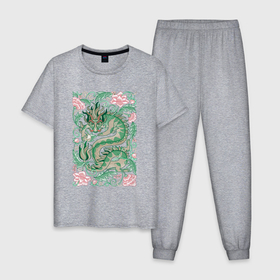 Мужская пижама хлопок с принтом Зеленый дракон среди цветов: символ 2024 в Екатеринбурге, 100% хлопок | брюки и футболка прямого кроя, без карманов, на брюках мягкая резинка на поясе и по низу штанин
 | 