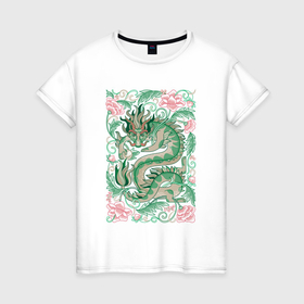 Женская футболка хлопок с принтом Зеленый дракон среди цветов: символ 2024 в Екатеринбурге, 100% хлопок | прямой крой, круглый вырез горловины, длина до линии бедер, слегка спущенное плечо | 