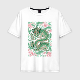 Мужская футболка хлопок Oversize с принтом Зеленый дракон среди цветов: символ 2024 в Белгороде, 100% хлопок | свободный крой, круглый ворот, “спинка” длиннее передней части | Тематика изображения на принте: 