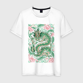 Мужская футболка хлопок с принтом Зеленый дракон среди цветов: символ 2024 в Белгороде, 100% хлопок | прямой крой, круглый вырез горловины, длина до линии бедер, слегка спущенное плечо. | 