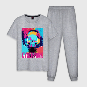 Мужская пижама хлопок с принтом Cool skull   cyberpunk   pop art , 100% хлопок | брюки и футболка прямого кроя, без карманов, на брюках мягкая резинка на поясе и по низу штанин
 | Тематика изображения на принте: 