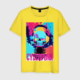 Мужская футболка хлопок с принтом Cool skull   cyberpunk   pop art в Белгороде, 100% хлопок | прямой крой, круглый вырез горловины, длина до линии бедер, слегка спущенное плечо. | Тематика изображения на принте: 