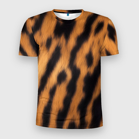 Мужская футболка 3D Slim с принтом шкура тигра коричневая в Белгороде, 100% полиэстер с улучшенными характеристиками | приталенный силуэт, круглая горловина, широкие плечи, сужается к линии бедра | 